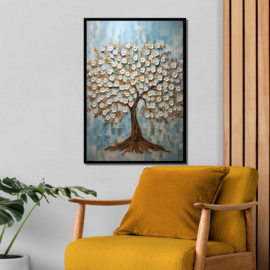 Textured White And Gold Blossom Tree Modern Nature Art Poster - Image 4