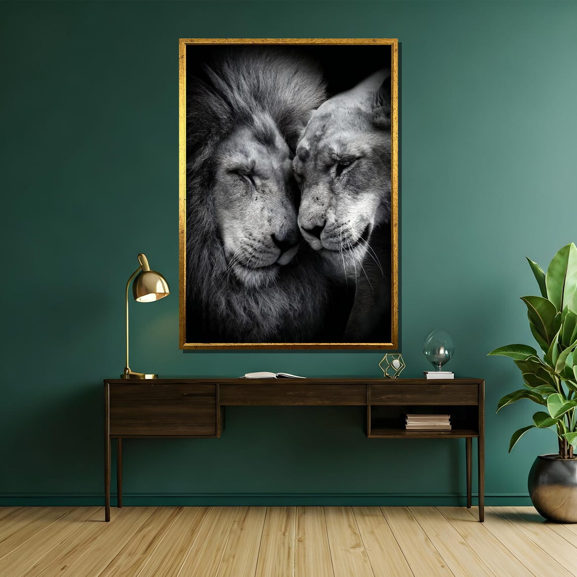 Lion Couple Nuzzling Tenderly In Intimate Monochrome Portrait Poster - Image 5