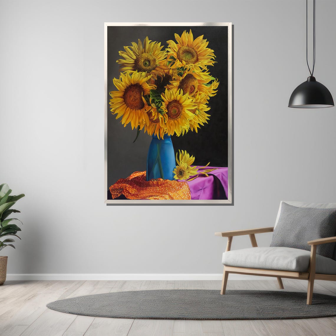 Sunflower Bouquet in a Blue Vase Classic Still Life Painting Poster - Image 3