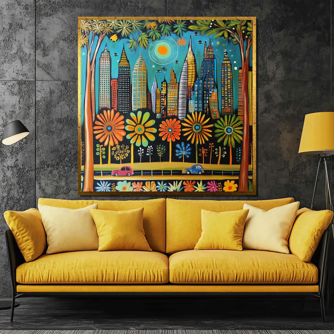 Colorful Whimsical City Skyline Flowers Folk Art Painting Poster - Image 2