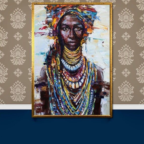 Ethnic African Woman Painting Colorful Tribal Art Portrait Hand Painted Style Home Decor Gift Expressive Bohemian Wall Art