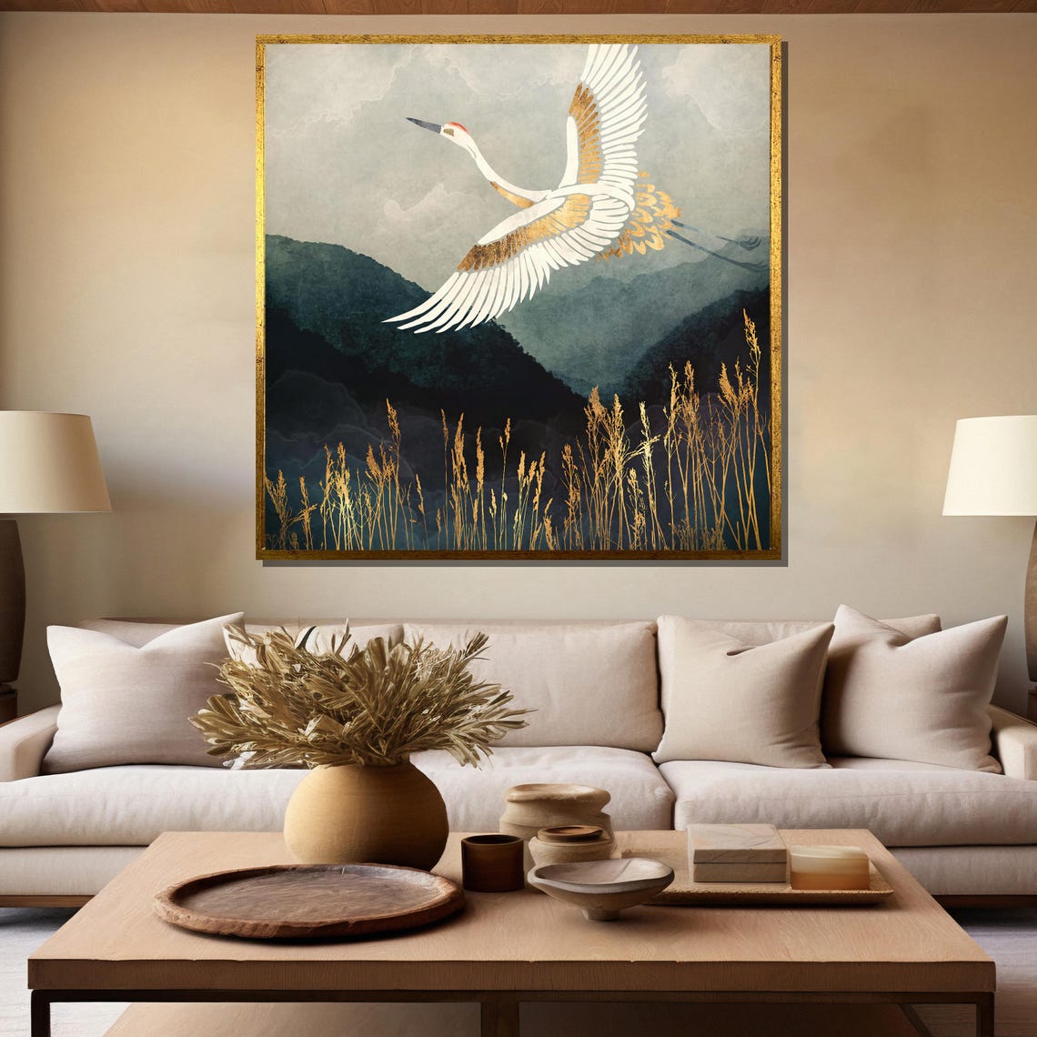 Elegant White And Gold Crane Soaring Over Misty Mountain Peaks Poster - Image 5