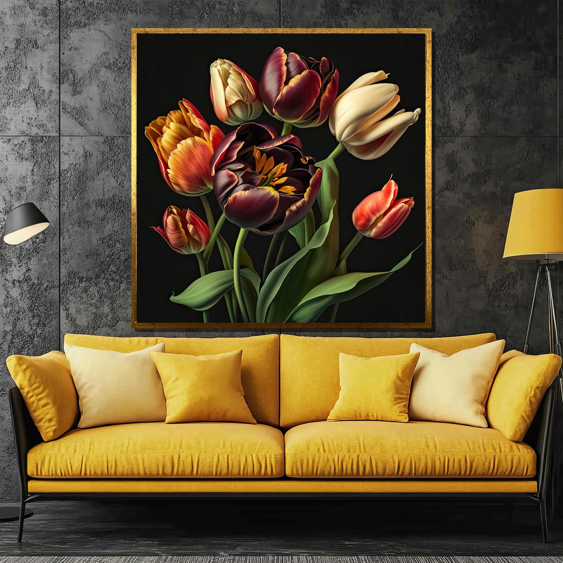 Dark Moody Tulips Bouquet On Black Background Floral Art Poster