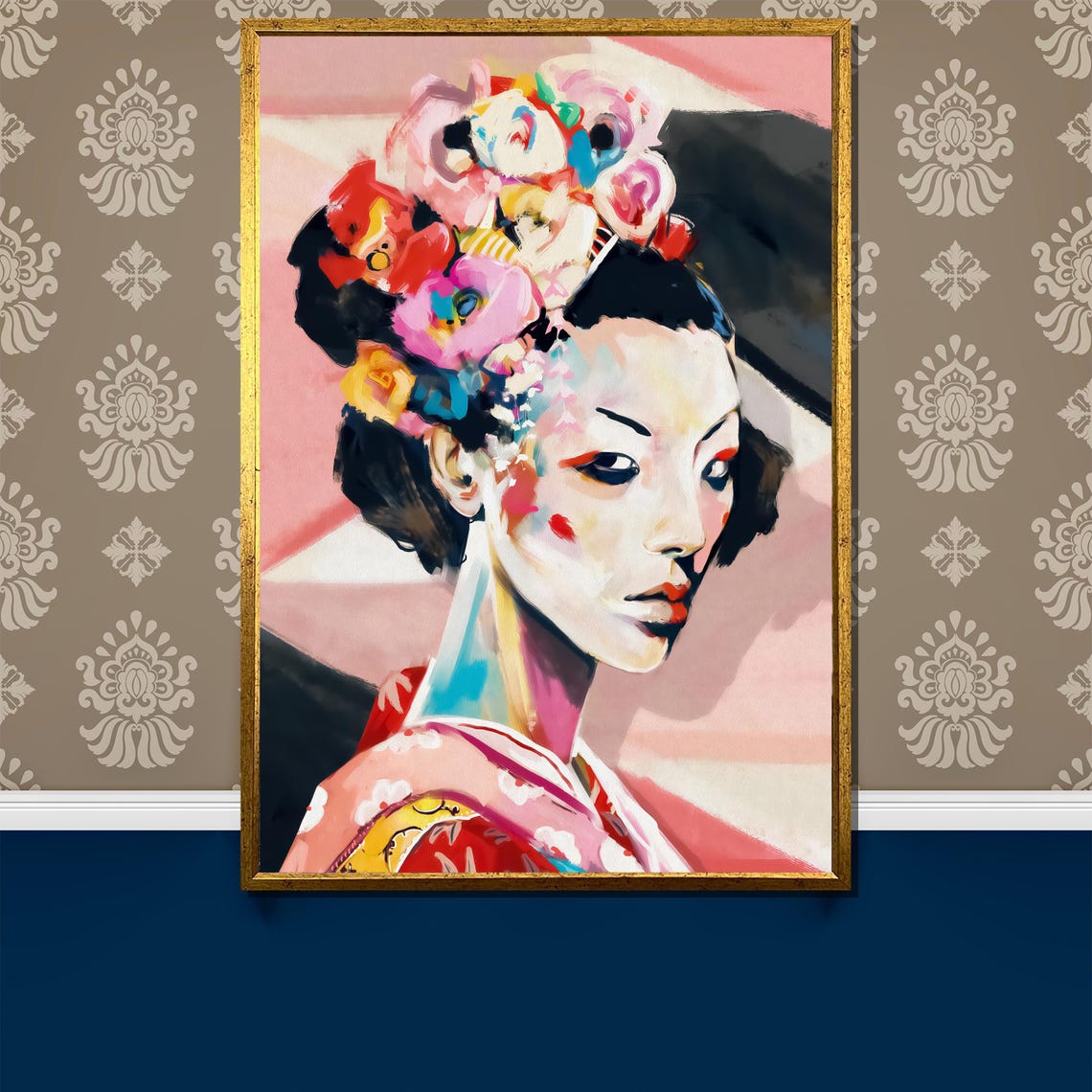 Modern Geisha With Flower Hair Pink Kimono Painterly Art Poster