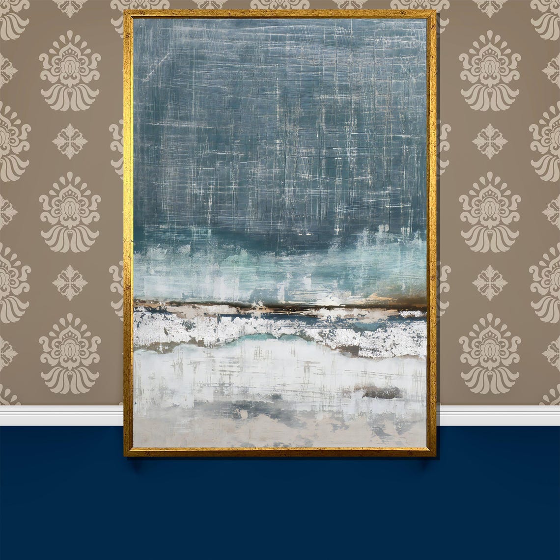 Textured Gray Blue Coastal Wave Abstract Scribble Modern Poster