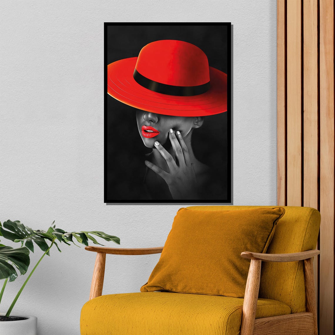 Bold Red Hat Painting Striking Gift For Art Lovers Modern Wall Art Decor With Elegance And Mysterious Charm - Image 4
