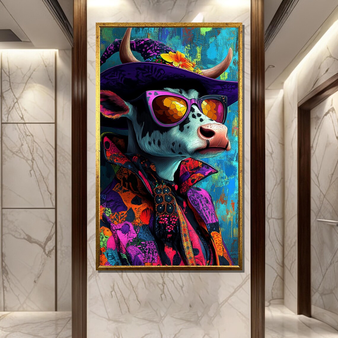Disco Diva Funky Highland Cow in Sunglasses and Floral Hat Poster