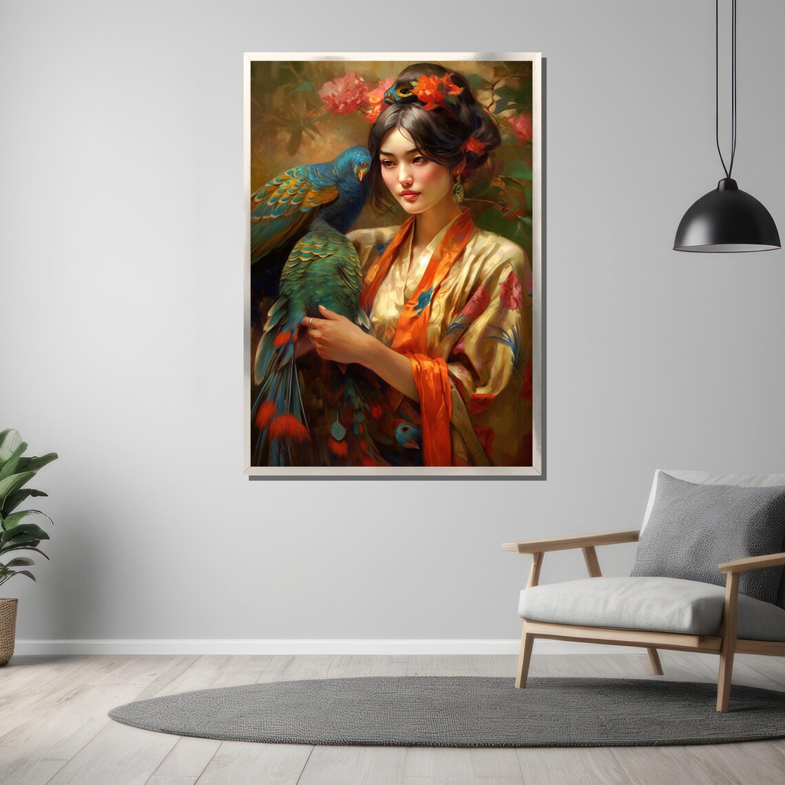 Elegant Oriental Woman With Parrot In Exotic Garden Art Poster - Image 3
