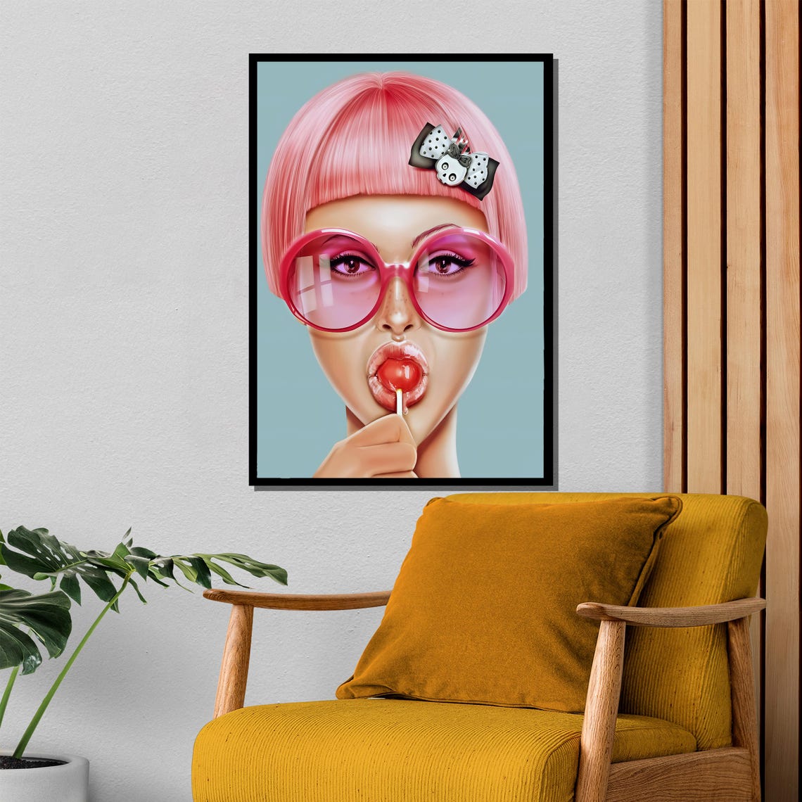 Pink Bob Wig Sunglasses Lollipop Bow Pop Art Girl Fun Poster - Image 4