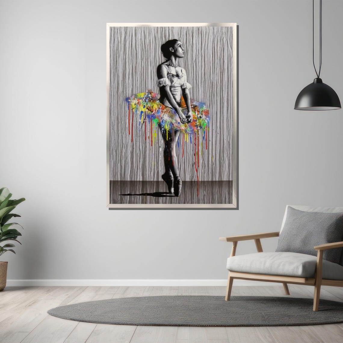 Monochrome Ballerina Dripping Paint Tutu Grey Background Poster - Image 3
