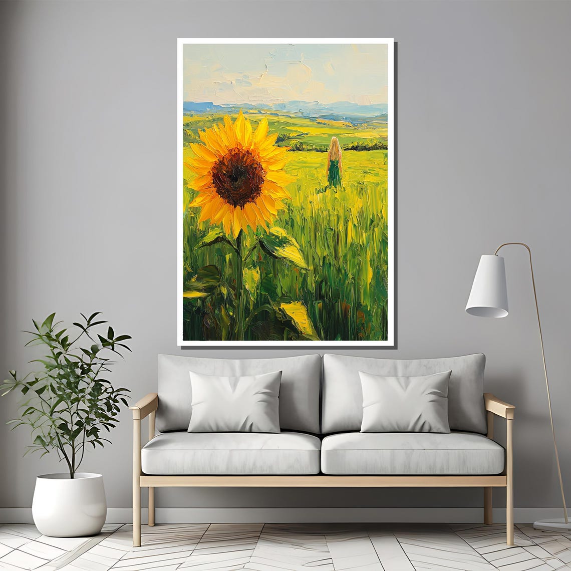 Sunflower Field Landscape With Woman Walking Summer Art Poster - Image 2