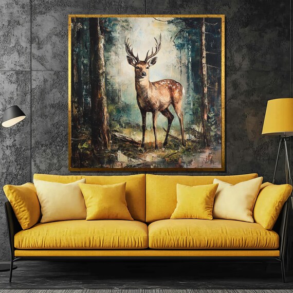 Majestic Stag Standing in a Misty Forest Vintage Painting Poster