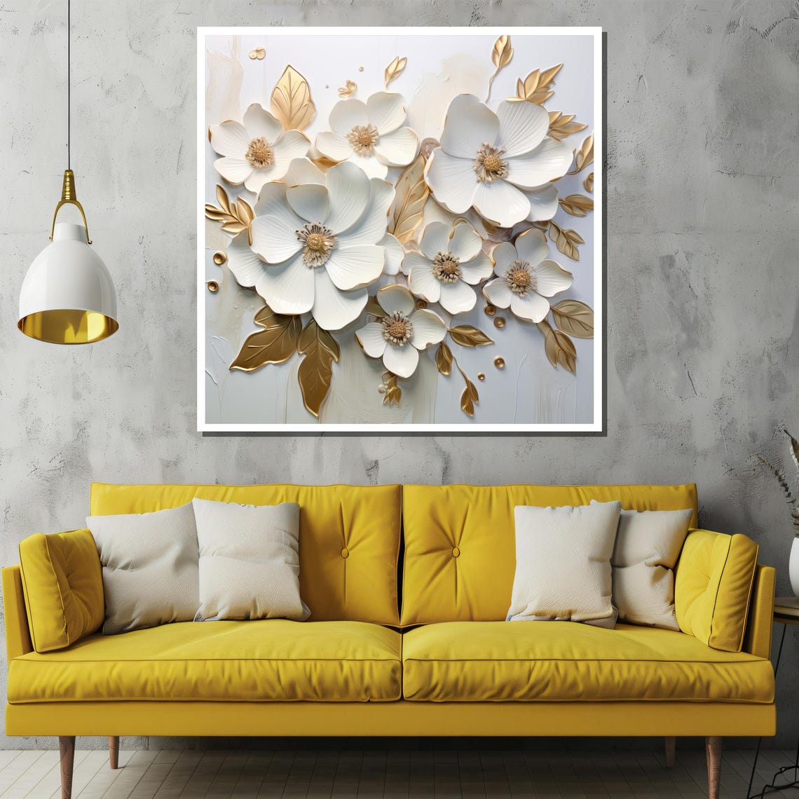 White Blossoms With Gold Outlines Elegant 3D Floral Art Poster - Image 2