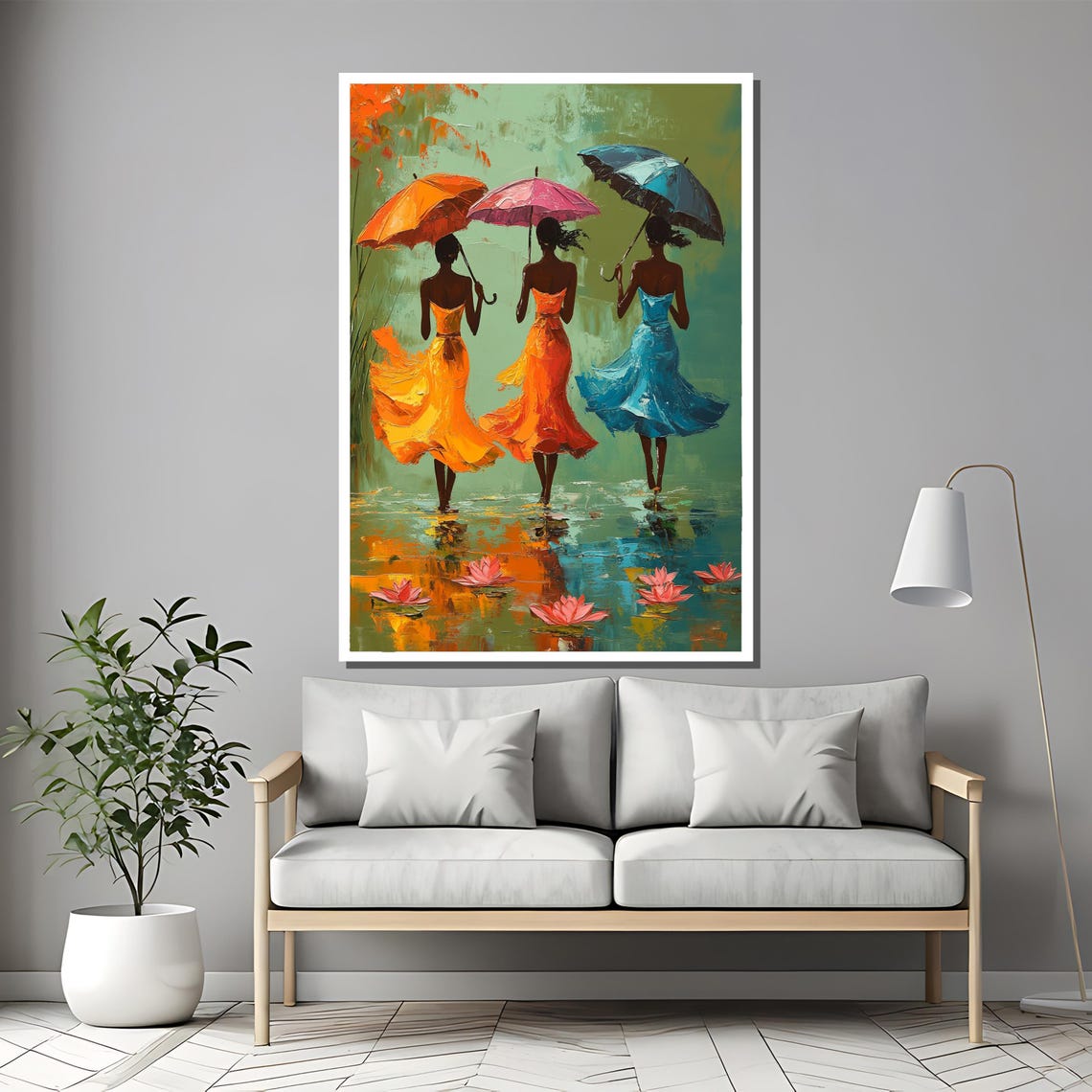 Romantic Three Women With Colorful Umbrellas Rainy Day Art Poster - Image 2