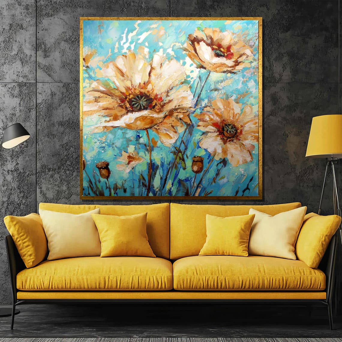 Hand Painted Wildflowers Against a Bright Blue Summer Sky Poster