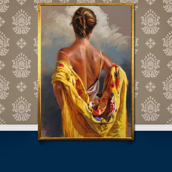 Elegant Woman With Yellow Floral Shawl Realistic Painting Poster