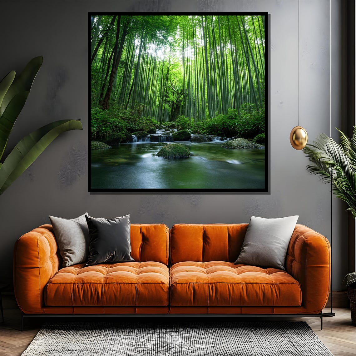Towering Green Bamboo Forest Beside a Tranquil Stream Art Poster - Image 4