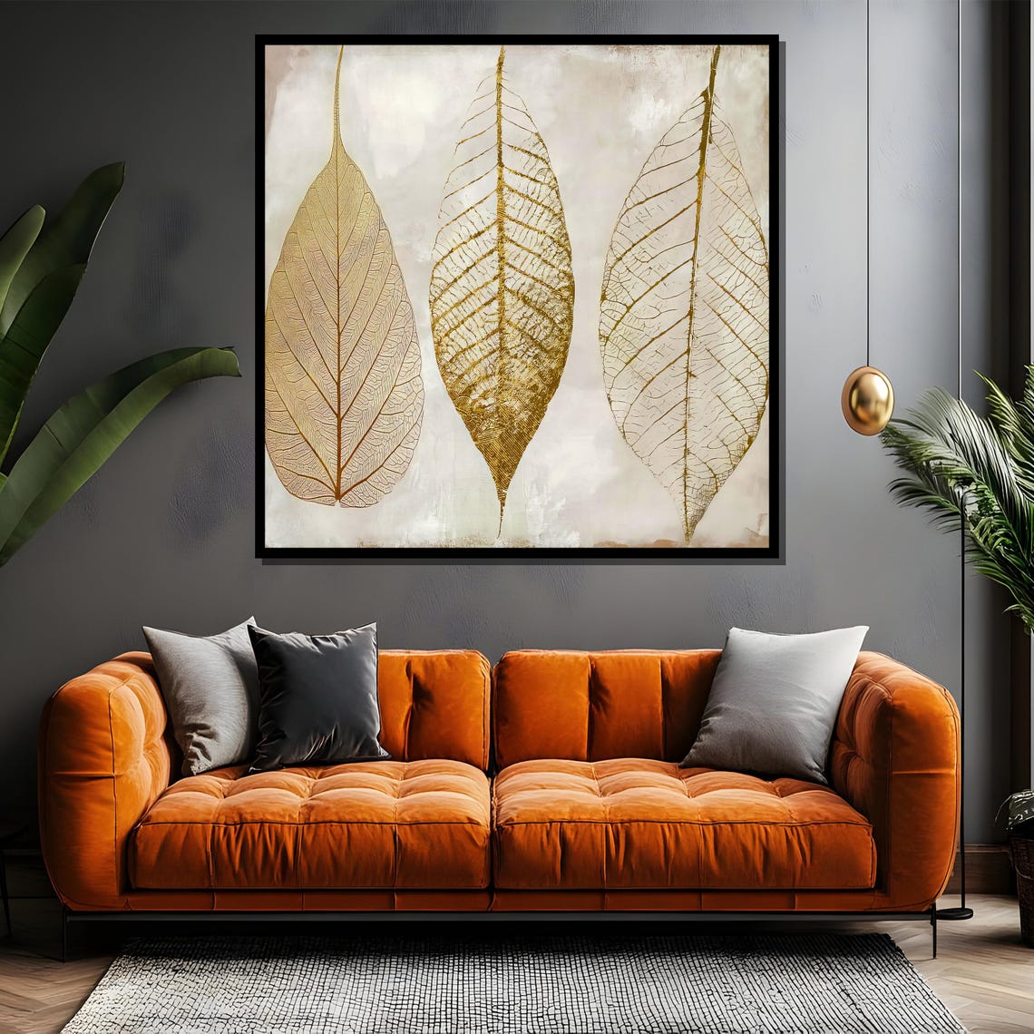 Three Golden Skeleton Leaves on a Cream Minimalist Art Poster - Image 4