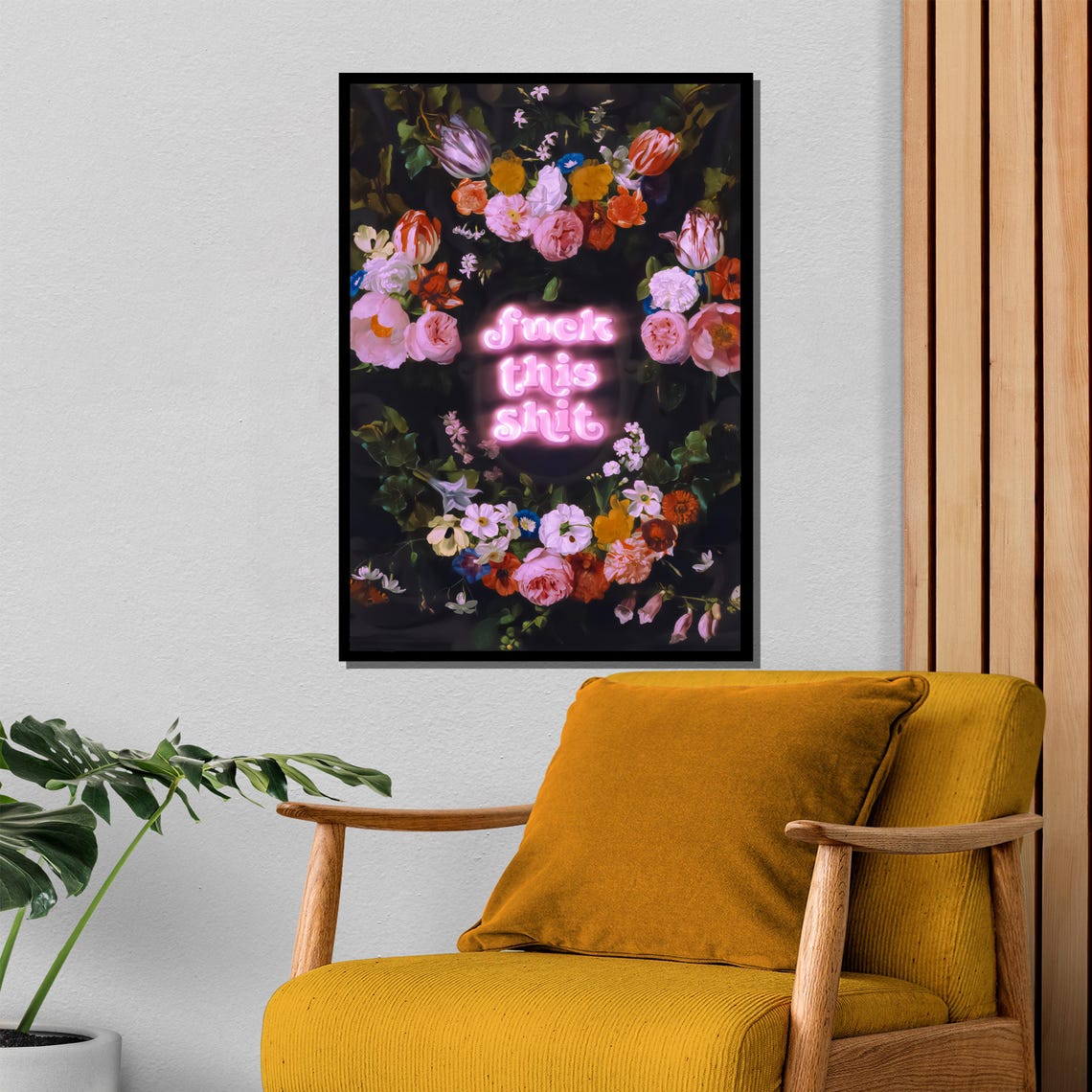Fuck This Shit Pink Neon Quote Floral Wreath Statement Poster - Image 4
