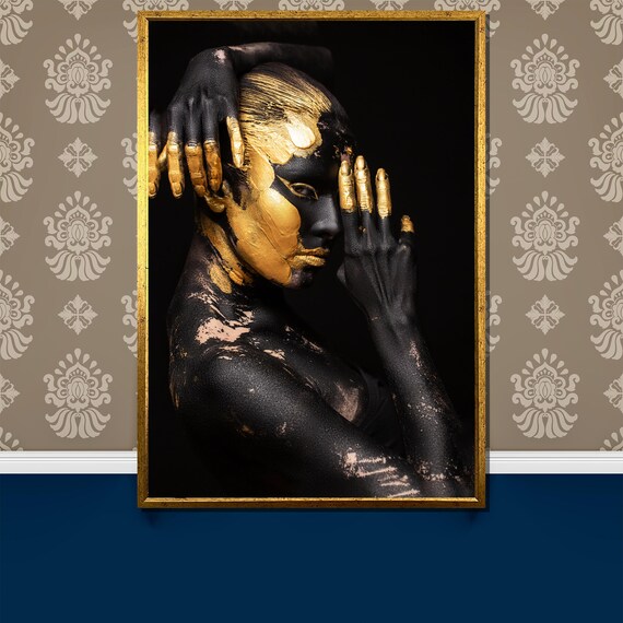 Stunning Black And Gold Body Art Painting Abstract Modern Woman Portrait Luxury Wall Decor Gift For Bold Interiors