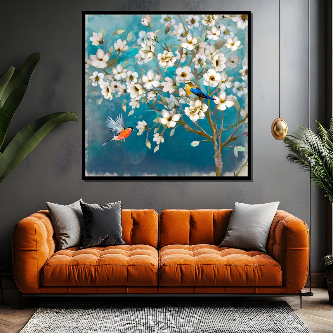 White Blossom Tree with Colorful Birds Spring Painting Poster - Image 4