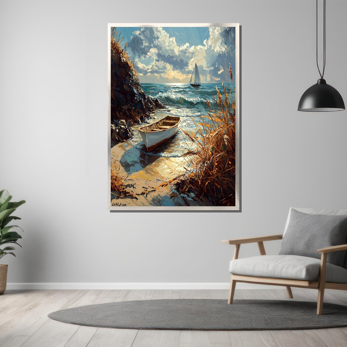Rustic Rowboat by Ocean Shore, Nautical Wall Art Print - Image 3