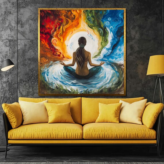 Meditating Woman Among Four Elements Fire and Water Art Poster