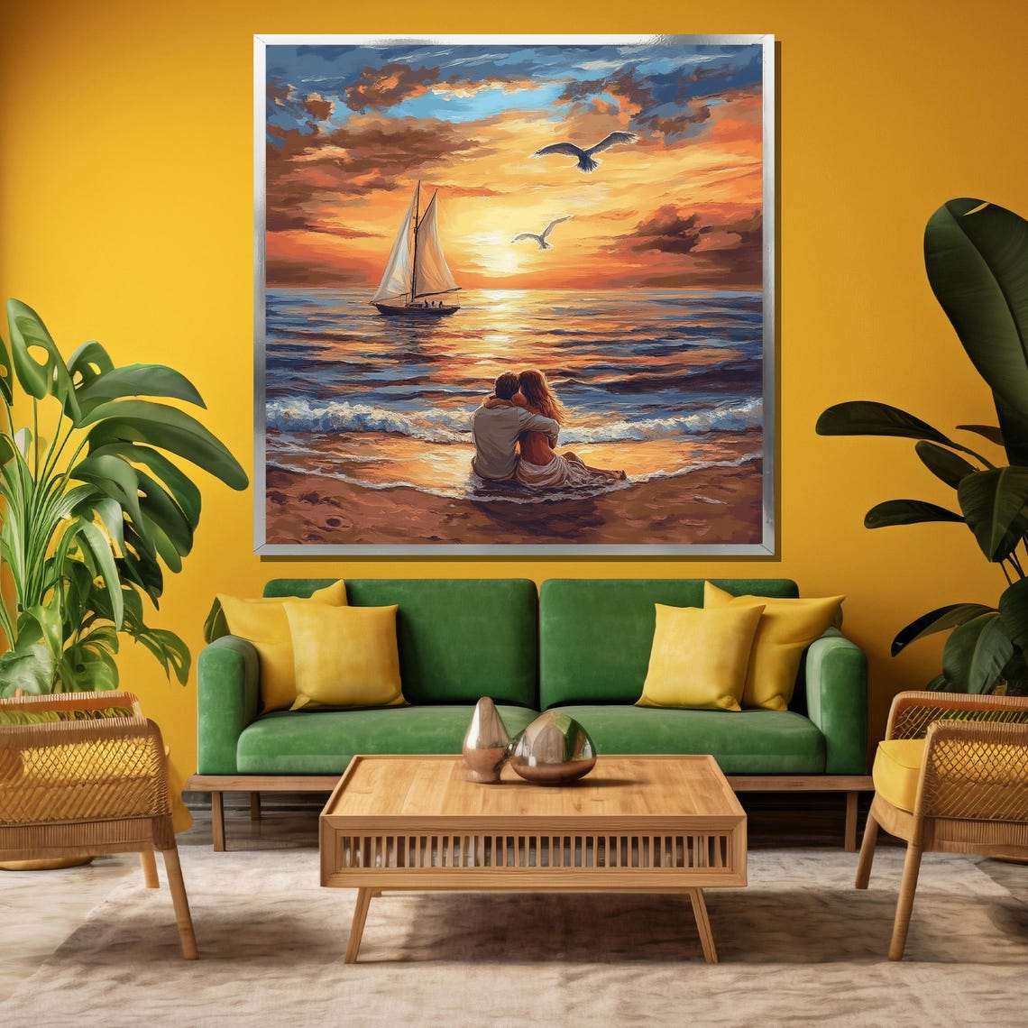 Romantic Beach Sunset Couple Embracing By Sailboat Ocean Poster - Image 3