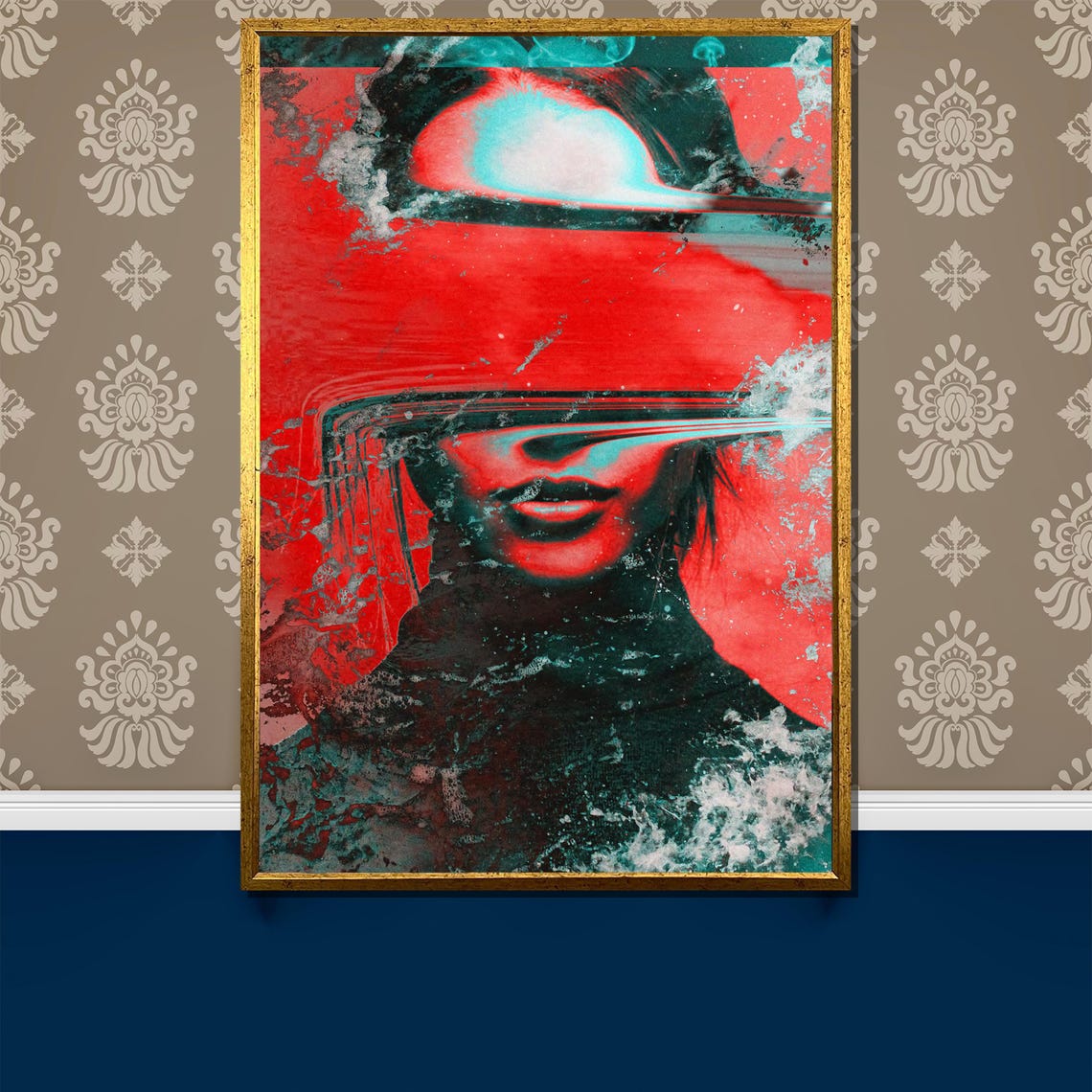 Glitch Red And Teal Futuristic Distorted Digital Portrait Poster