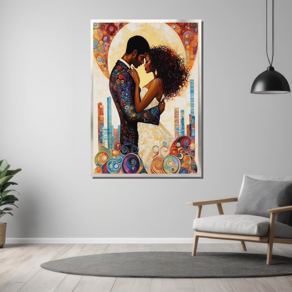 Black Couple Embracing Before A Colorful Mosaic City Skyline Poster - Image 3