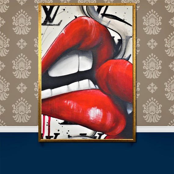 Bold Red Lips Graffiti Painting Urban Street Art Inspired Wall Art Gift Modern Pop Art Style Lip Artwork For Unique Wall Decor
