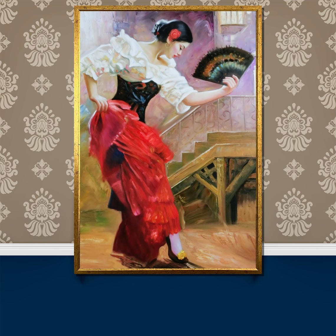 Flamenco Dancer on Stairs With Black Fan Spanish Oil Art Poster