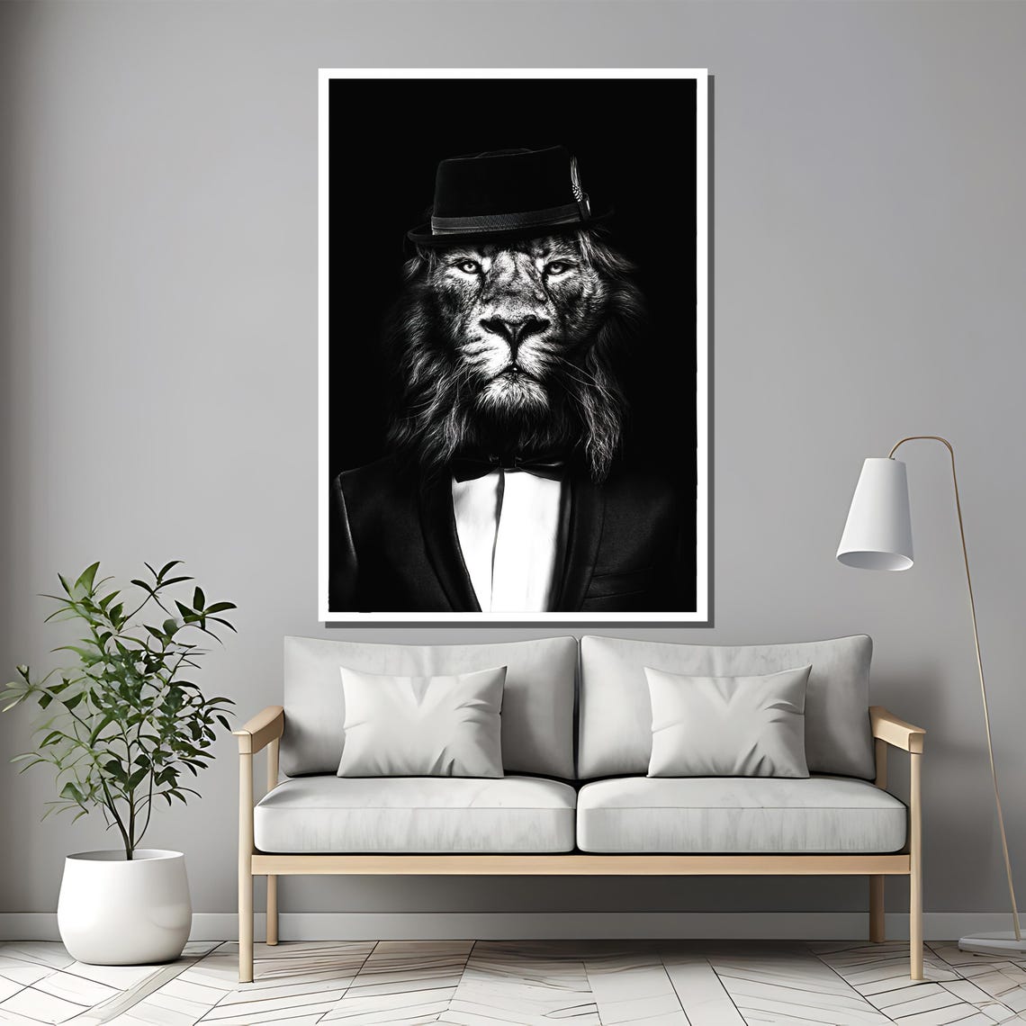 Lion in Top Hat Bow Tie Black White Dapper Animal Portrait Poster - Image 2