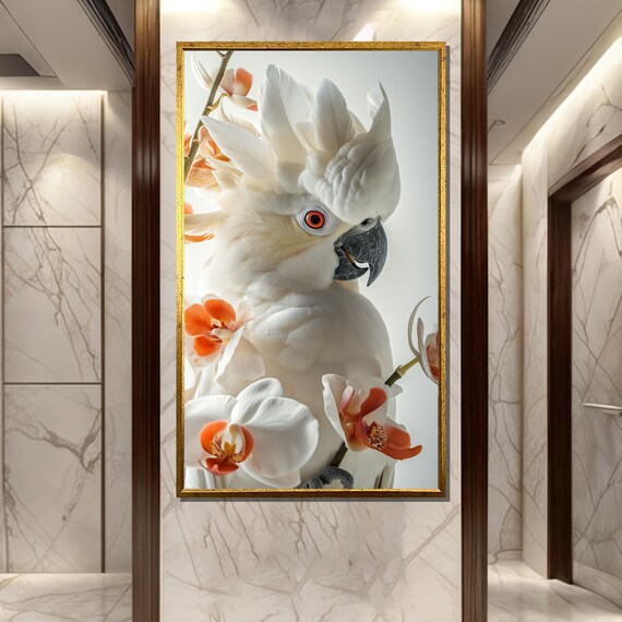 Elegant Cockatoo Painting White Parrot And Orchid Art Exotic Bird Wall Decor Nature Luxury Artwork Unique Gift