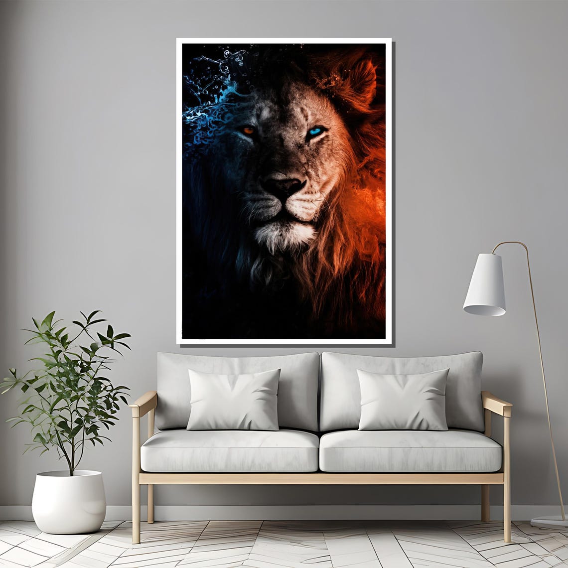 Dual Fire And Water Lion With Striking Blue Eye Portrait Poster - Image 2