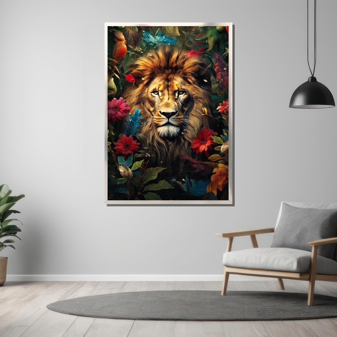 Majestic Lion Surrounded By Lush Tropical Flowers And Leaves Poster - Image 3