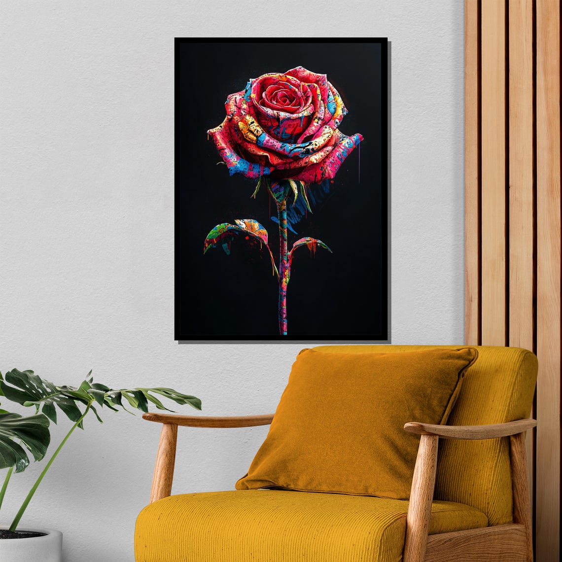 Graffiti Style Rose Multicolor Street Art Black Background Poster - Image 4
