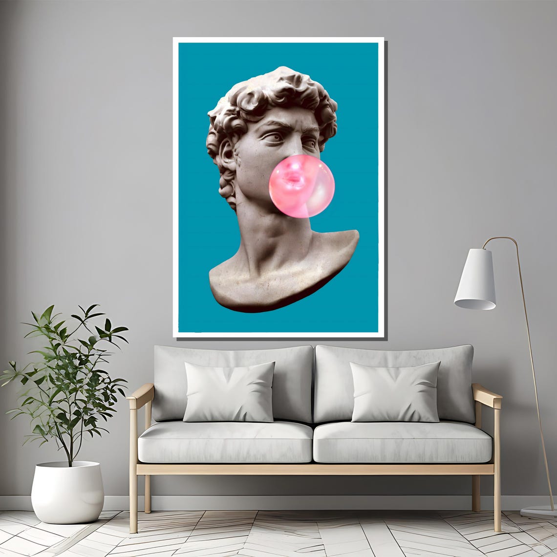 David Bust Pink Bubblegum Pop Art Teal Cheeky Modern Elegant Poster - Image 2