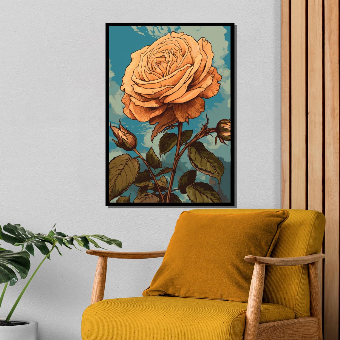 Vintage Orange Rose Illustration on a Teal Background Poster - Image 4