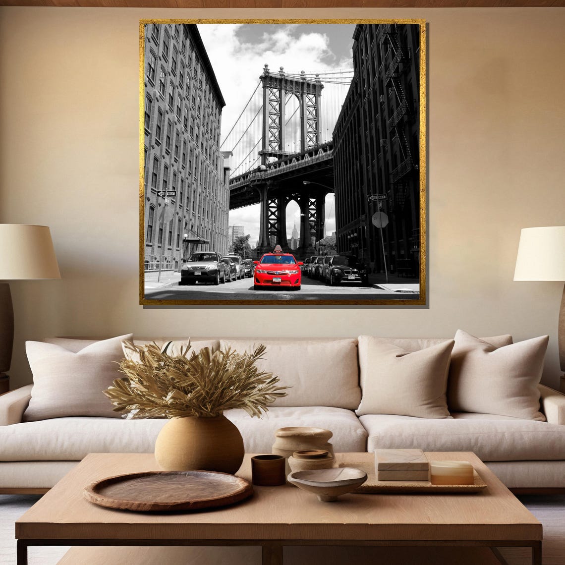 New York Manhattan Bridge Red Car Black White Urban Street Poster - Image 5