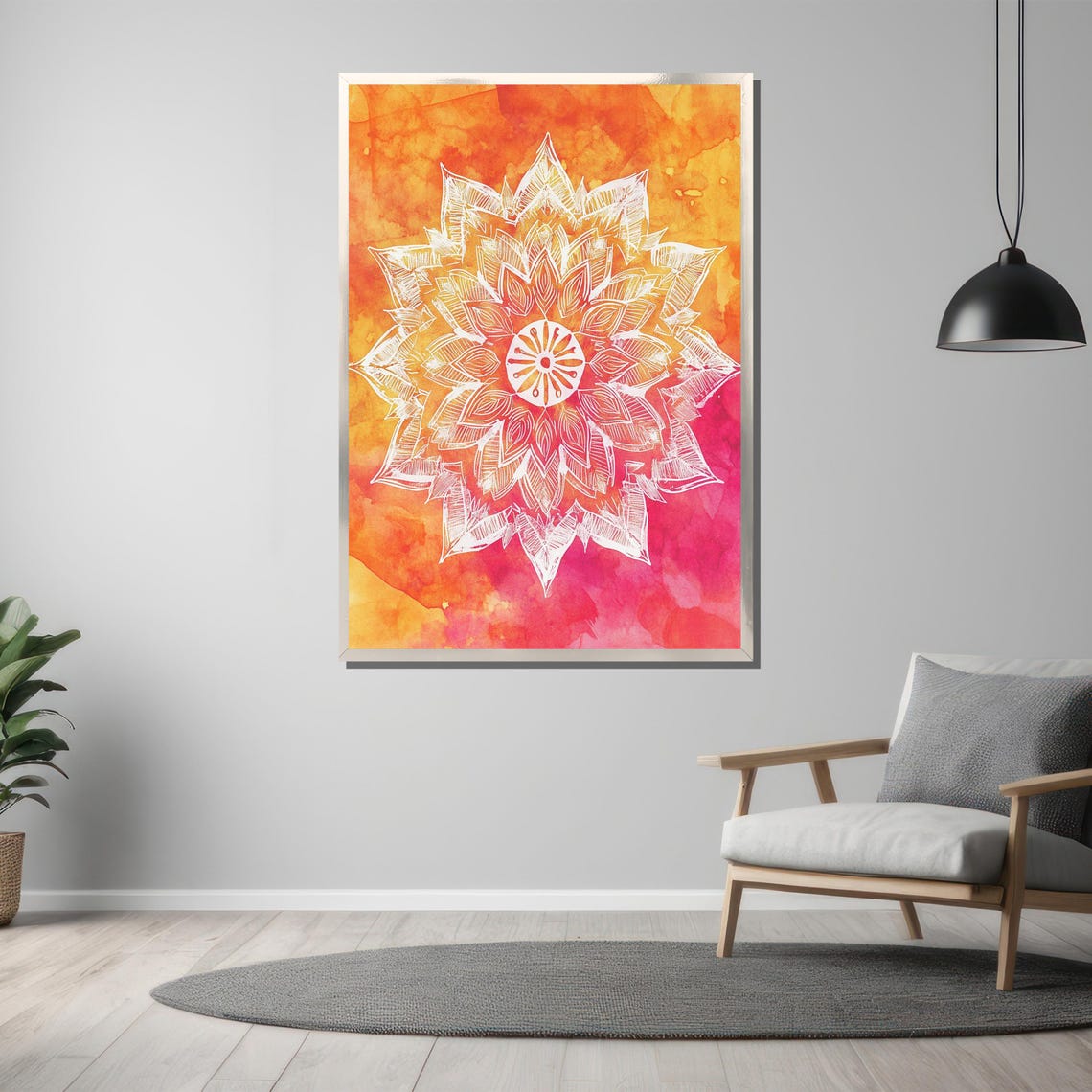 White Mandala Flower on Orange Pink Watercolor Sunset Art Poster - Image 3