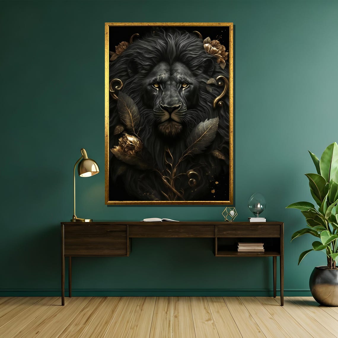 Black Lion With Golden Floral Accents On Dark Backdrop Poster - Image 5