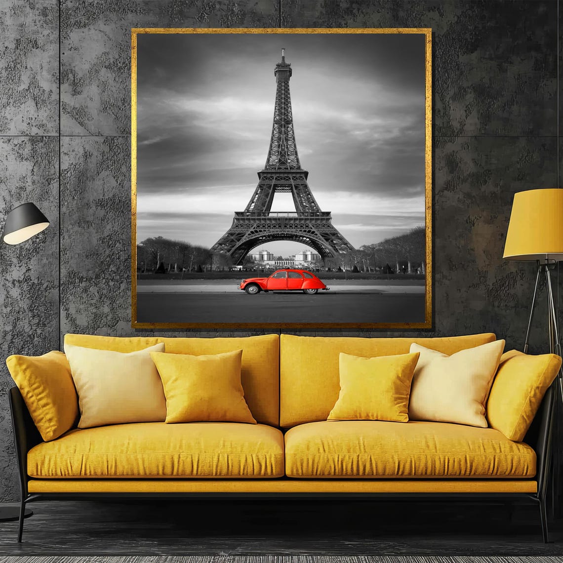 Paris Eiffel Tower Black White Red Classic Car Vintage Poster