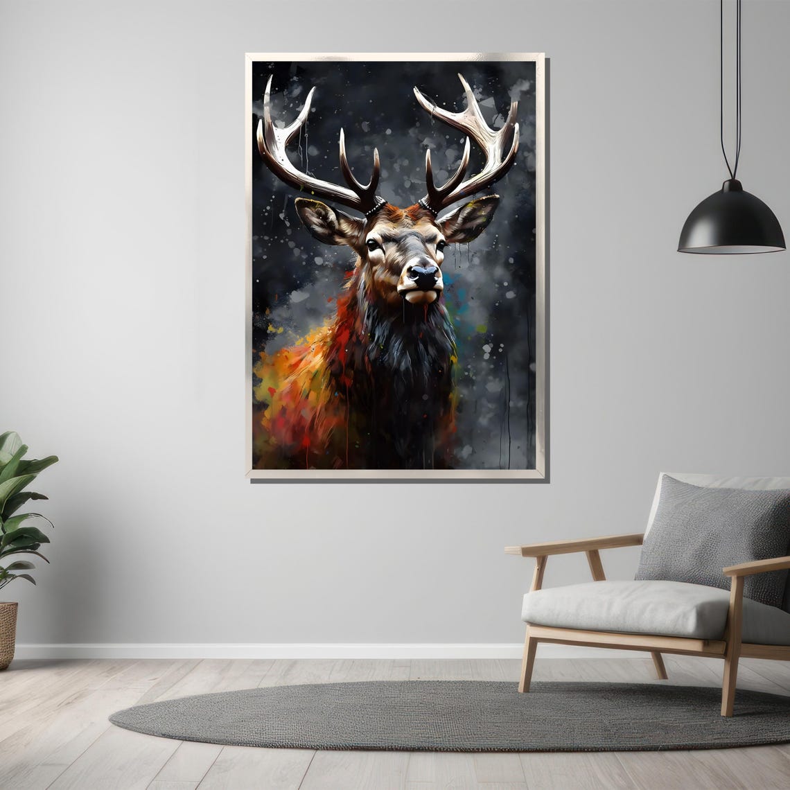 Majestic Stag Portrait with Vibrant Abstract Deer Artwork Poster - Image 3