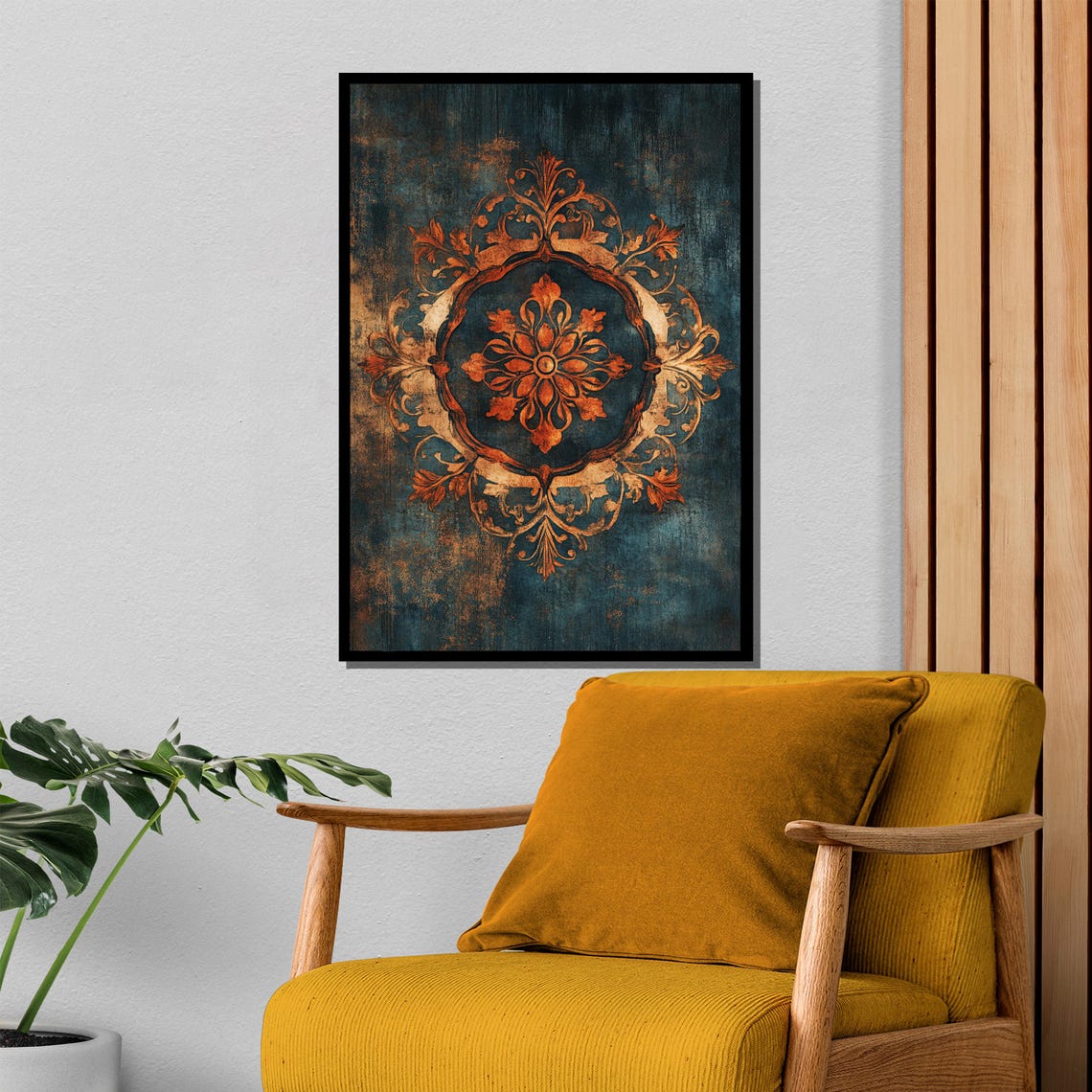 Ornate Vintage Medallion Floral Emblem on Dark Teal Art Poster - Image 4