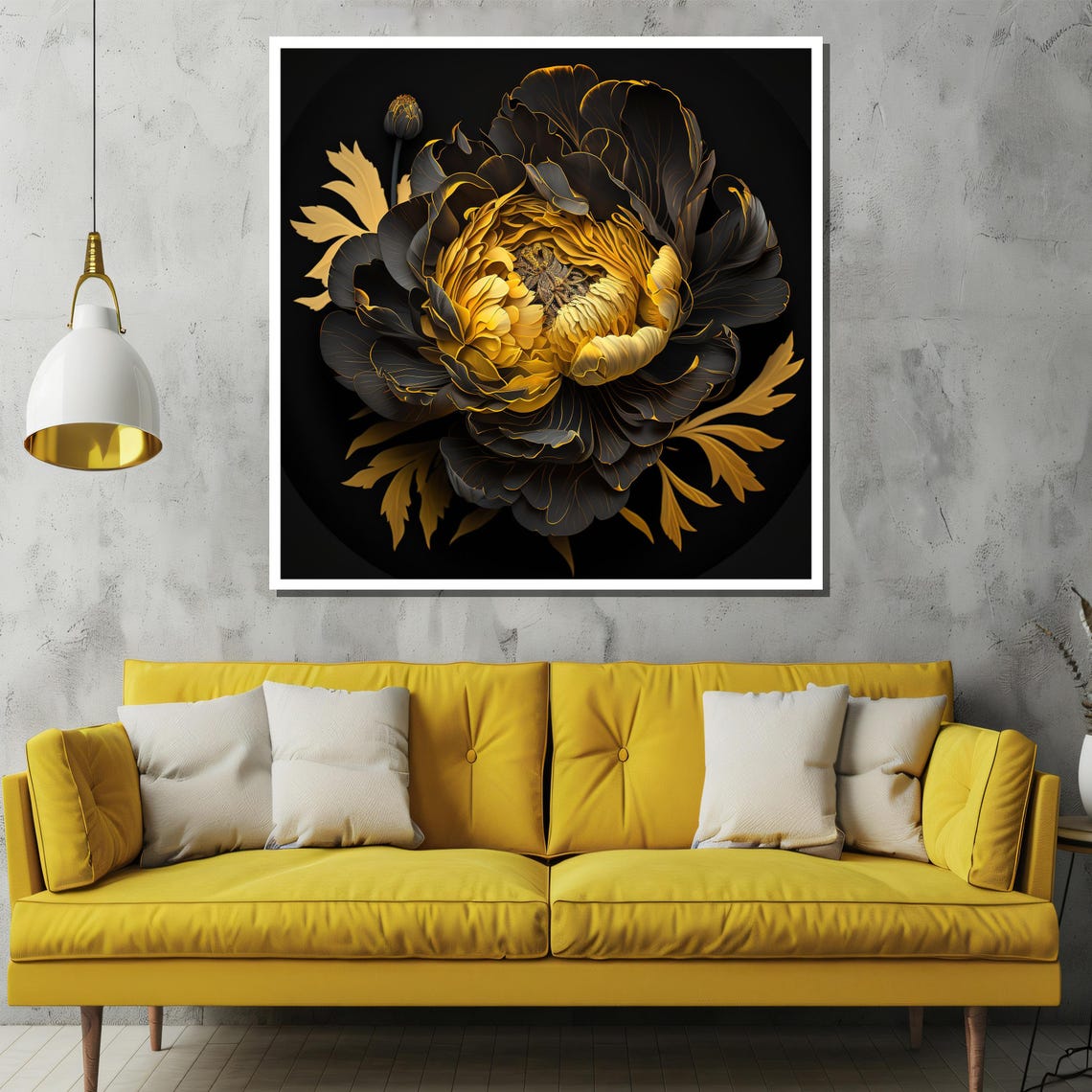 Black and Gold Peony Bloom on a Dramatic Dark Background Poster - Image 2