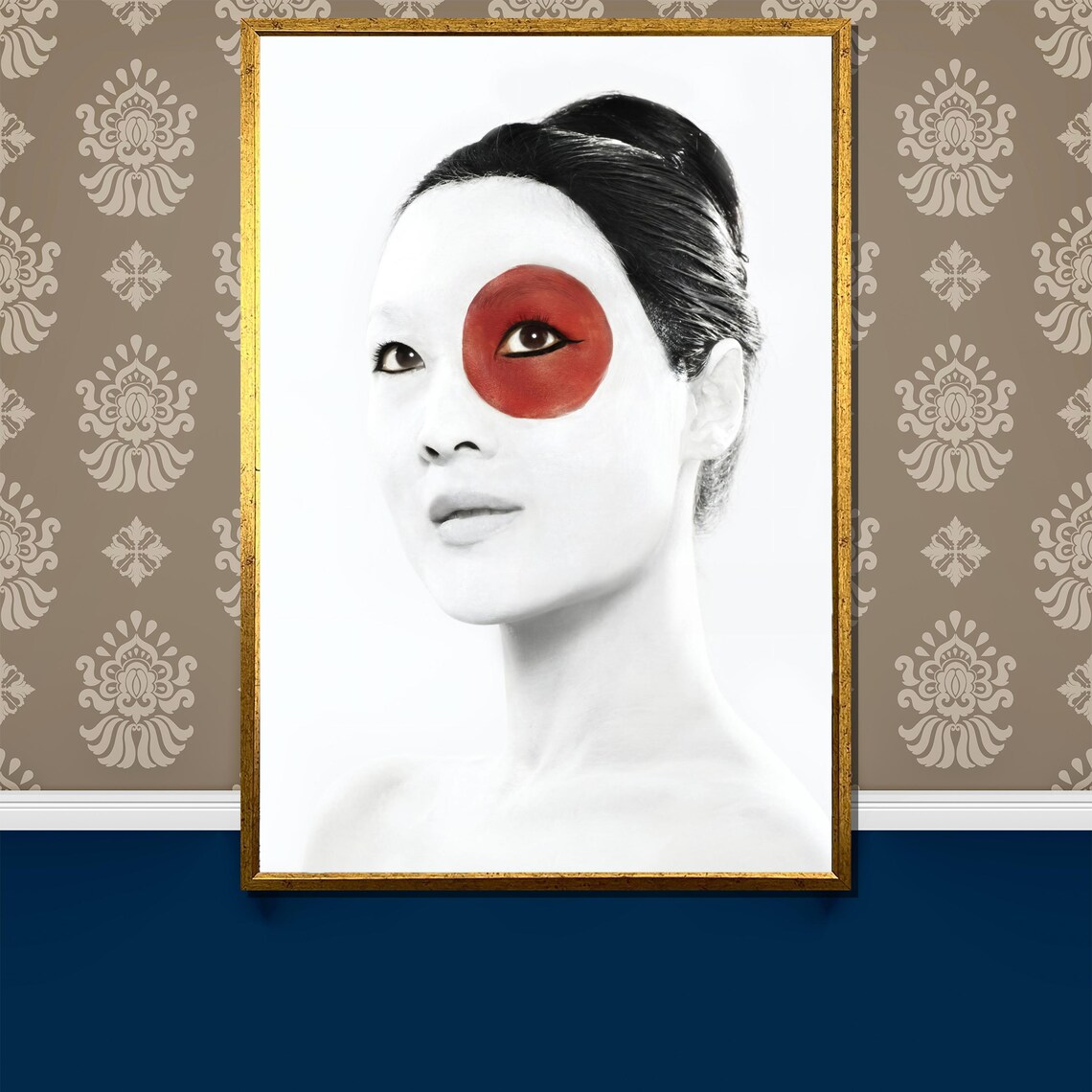 Black And White Japanese Woman Portrait Red Sun Eye Accent Poster
