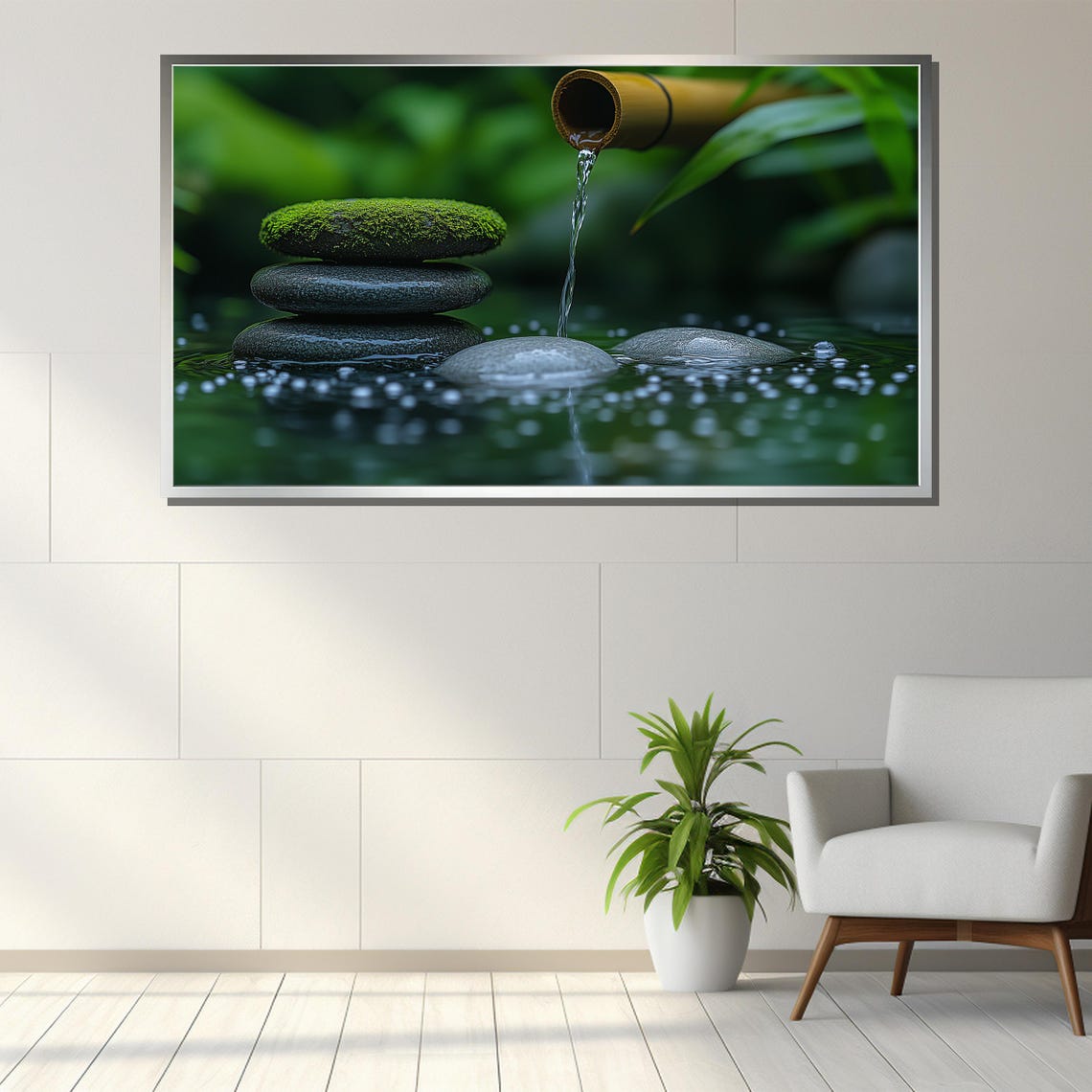 Mossy Zen Stones Under a Bamboo Water Spout in a Garden Poster - Image 3