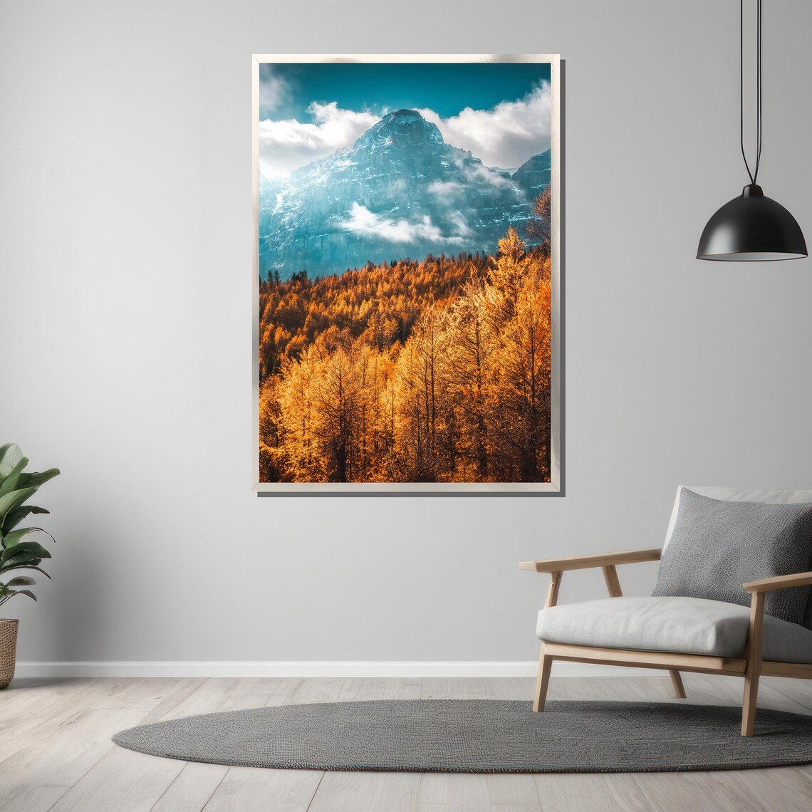 Golden Autumn Larch Forest Below A Towering Snowy Mountain Peak Poster - Image 3