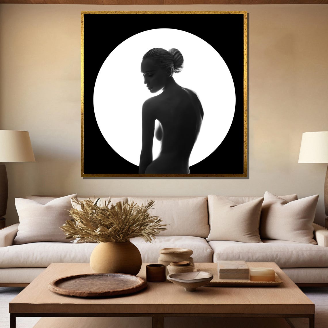 Black and White Nude Woman Silhouette Before a Glowing Moon Poster - Image 5
